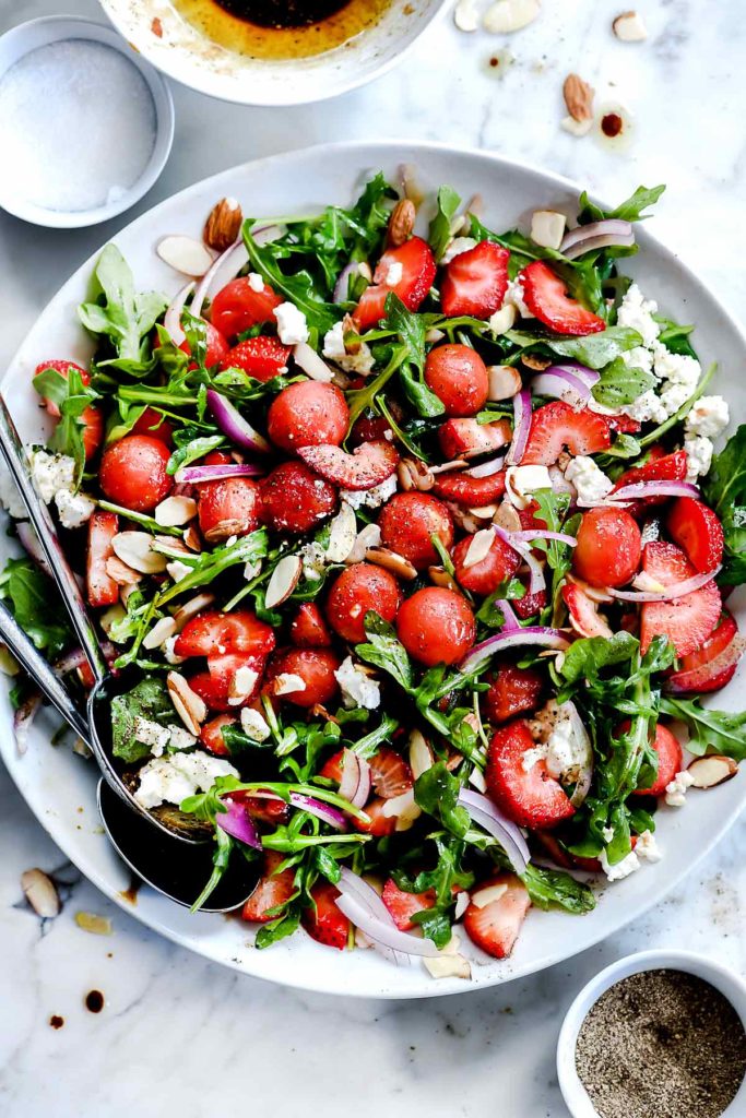 Strawberry and Watermelon Arugula Salad with Balsamic Dressing #foodiecrush.com #salad #strawberry #arugula #spring #feta