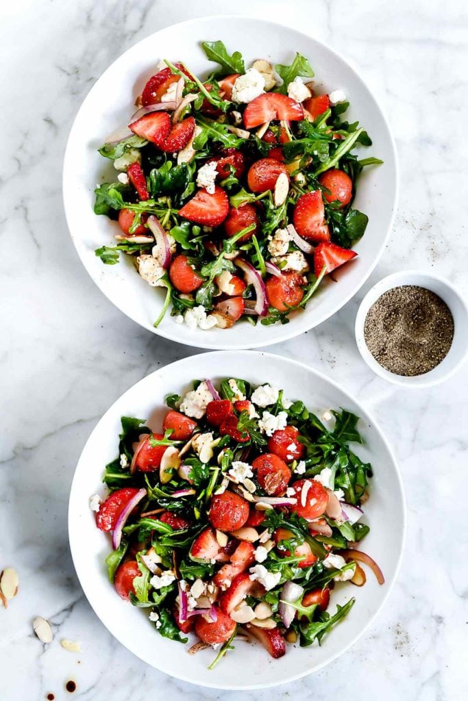 Strawberry and Watermelon Arugula Salad with Balsamic Dressing #foodiecrush.com #salad #strawberry #arugula #spring #feta