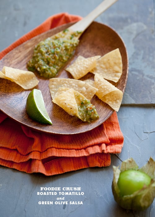 Foodie Crush Roasted Tomatillo and Green Olive Salsa