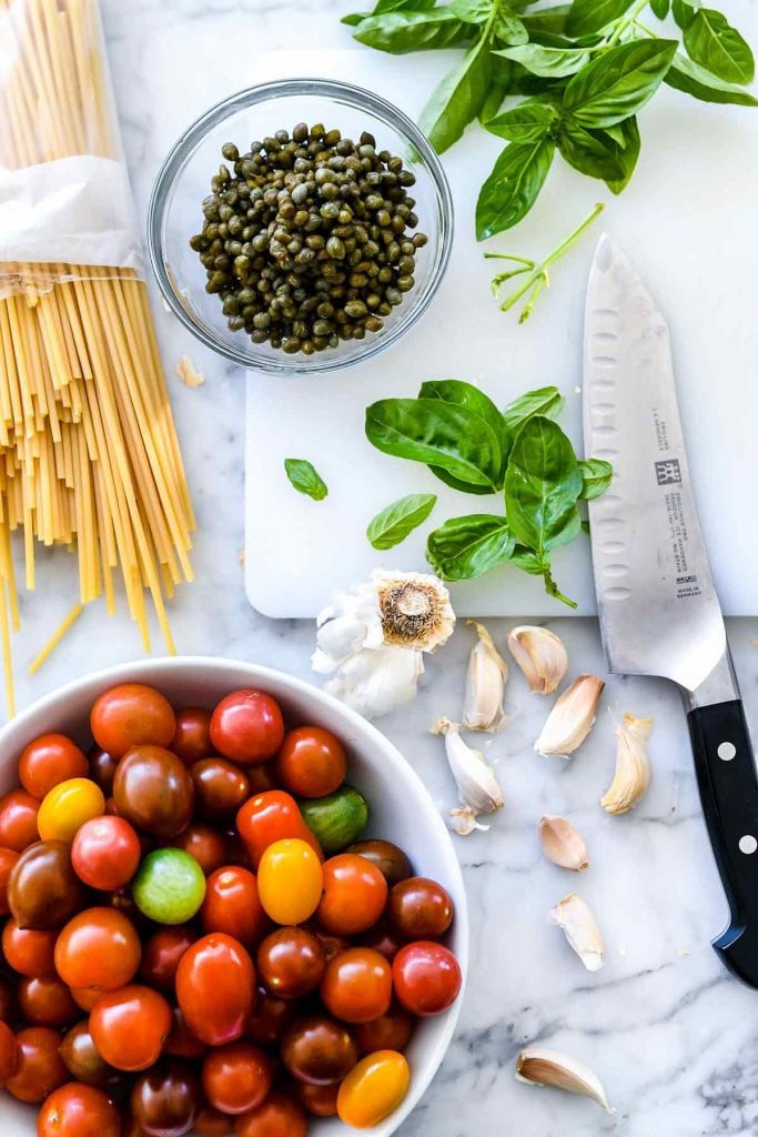 Caprese Pasta Salad with Garlic Marinated Tomatoes ingredients | foodiecrush.com #caprese #salad #pasta #recipes #easy #healthy #potlucks