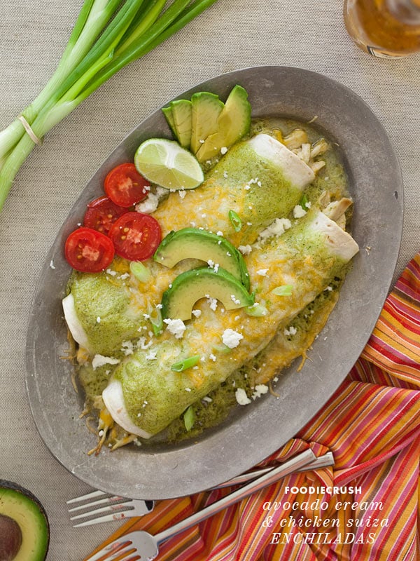 Avocado Cream Chicken Suiza Enchilada from FoodieCrush