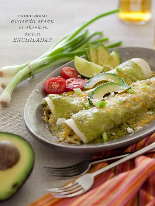 Avocado Cream Chicken Enchilada Suiza from FoodieCrush