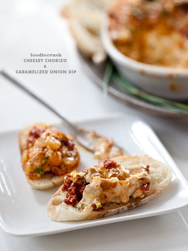 Cheesey Chorizo Caramelized Onion Dip | FoodieCrush.com