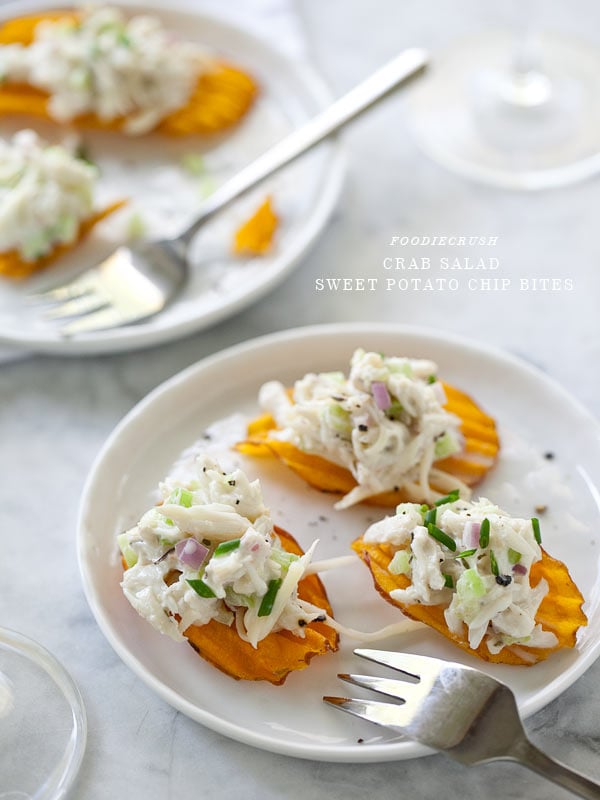 Crab Salad Sweet Potato Chip from FoodieCrush