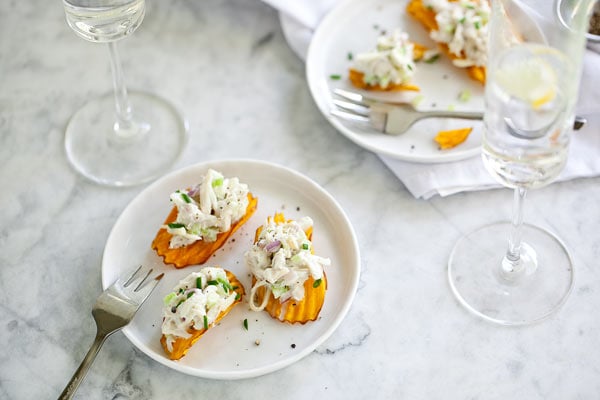 Crab Salad Sweet Potato Chip from FoodieCrush