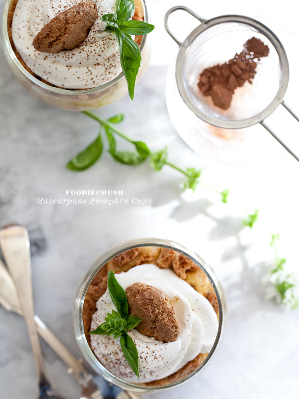 Pumpkin Mousse Cups garnished with basil and cocoa powder