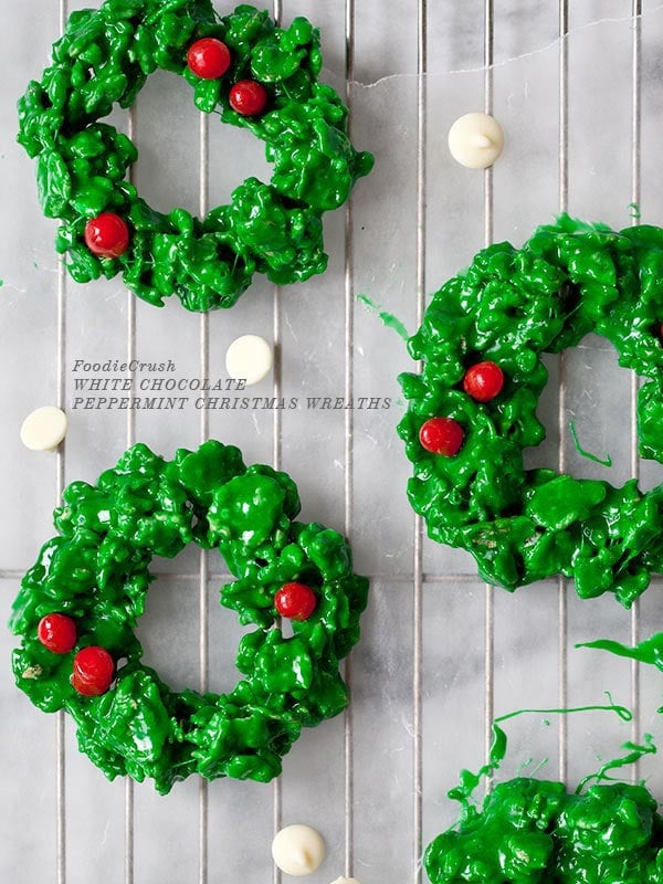 White Chocolate Peppermint Christmas Wreath Cookies from foodiecrush.com