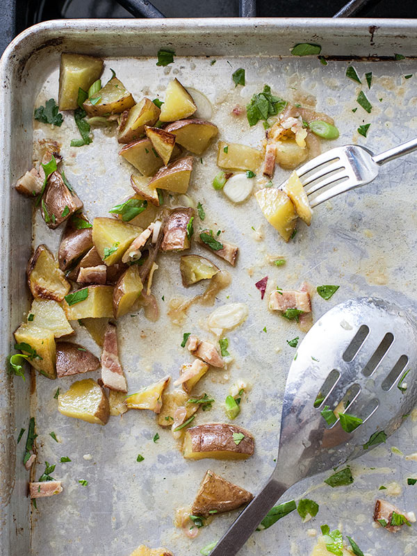 Roasted Potato Salad with Bacon Dressing | foodiecrush.com