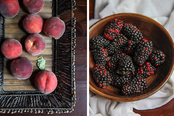 homemade peach cobbler with blackberries