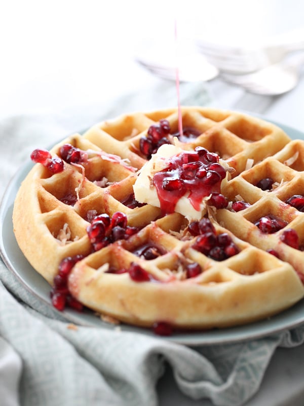 Coconut Waffles with Pomegranate Syrup | foodiecrush.com