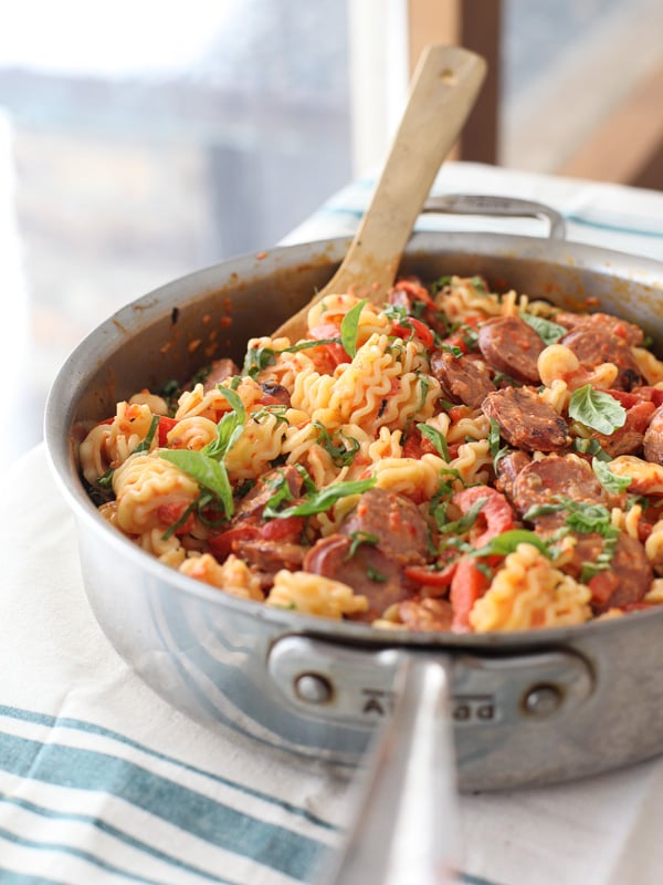 Creamy Red Pepper and Chicken Sausage Pasta | foodiecrush.com