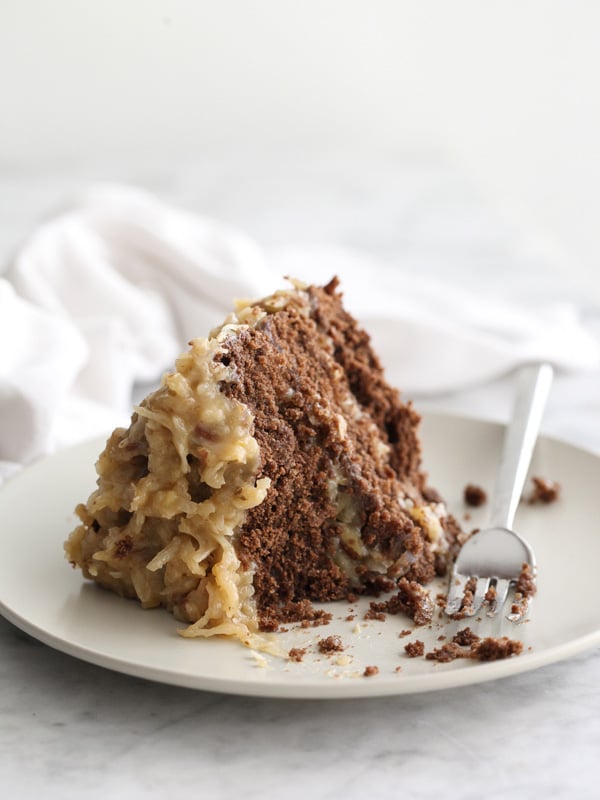 German Chocolate Cake with a decadent coconut and pecan frosting