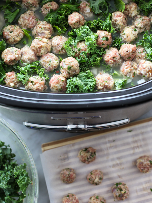 Skinny Slow Cooker Kale and Turkey Meatball Soup is a healthy version of Italian Wedding Soup