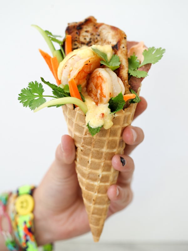 Cheesy Shrimp and Grits Banh Mi in a Waffle Cone #recipe on foodiecrush.com