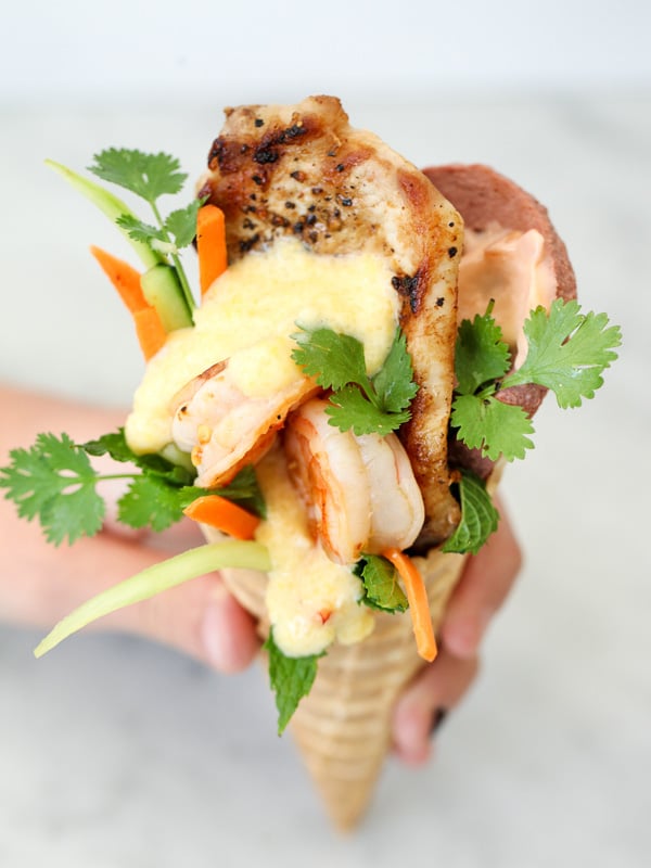 Cheesy Shrimp and Grits Banh Mi in a Waffle Cone #recipe on foodiecrush.com