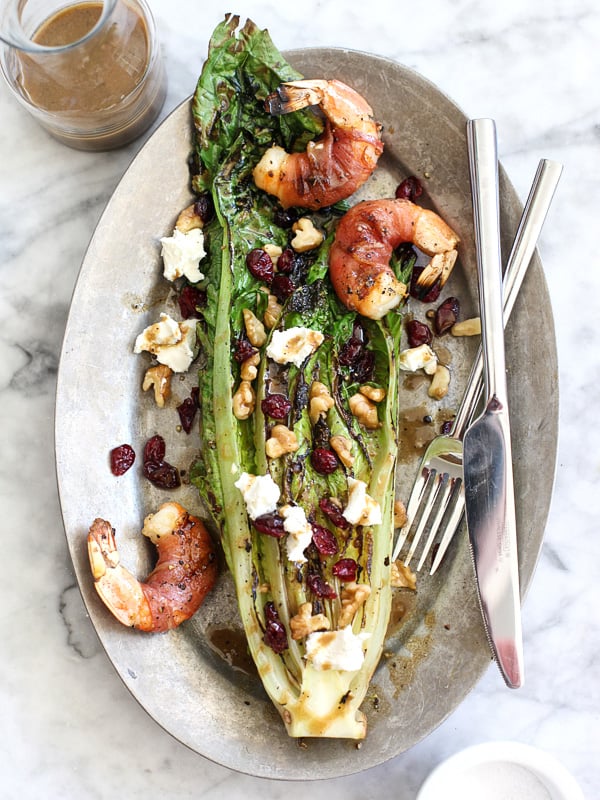 Grilled Romaine Salad with Prosciutto Wrapped Shrimp #recipe on foodiecrush.com