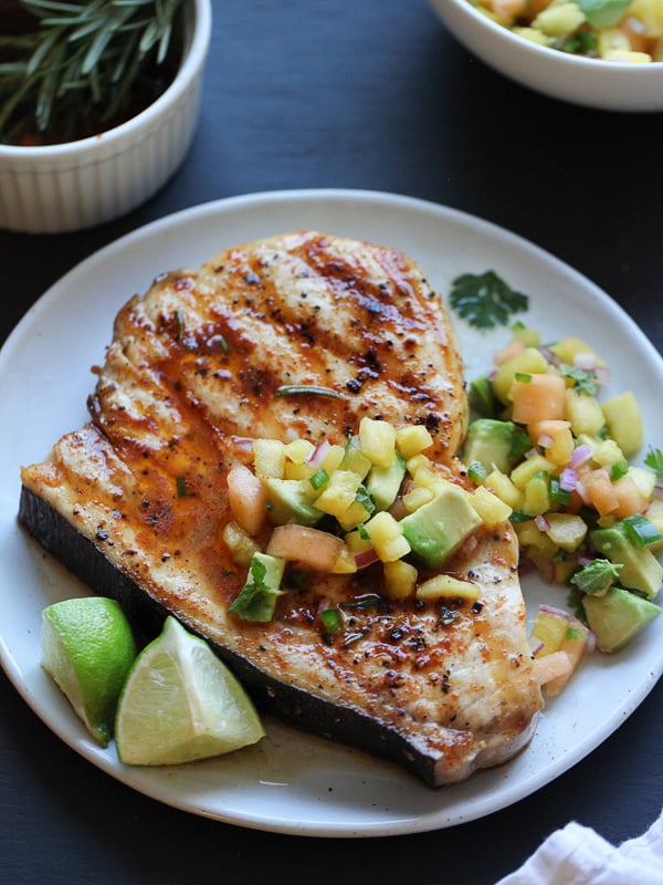 Smoked Paprika Grilled Swordfish with Fruit Salsa on foodiecrush.com