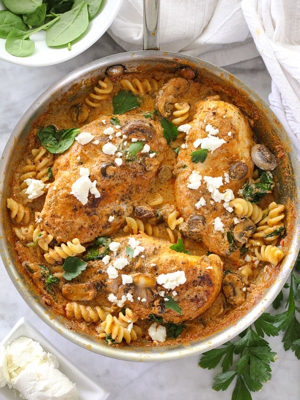 One Pan Sun Dried Tomato Pesto Creamy Chicken #recipe on foodiecrush.com