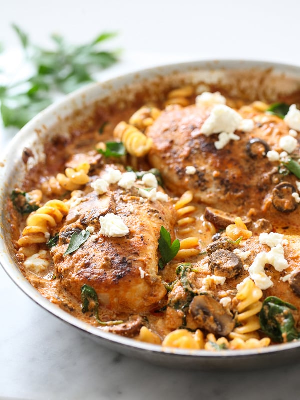 One Pan Sun Dried Tomato Pesto Creamy Chicken #recipe on foodiecrush.com