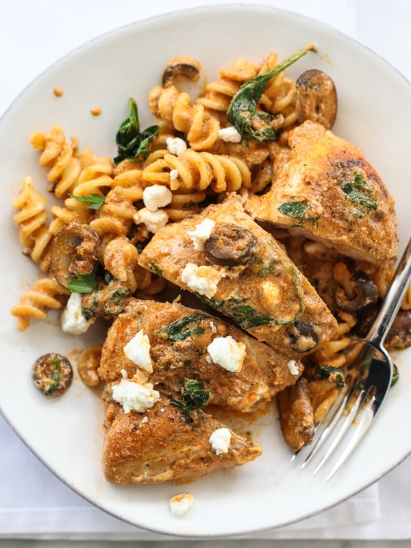 One Pan Sun Dried Tomato Pesto Creamy Chicken #recipe on foodiecrush.com