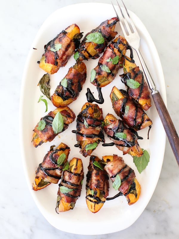Bacon Wrapped Grilled Peaches with Balsamic Glaze #recipe on foodiecrush.com