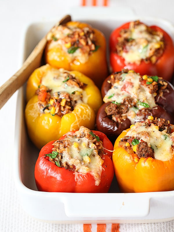 Ground Beef Stuffed Bell Peppers Recipe on foodiecrush.com #beef #healthy #stuffed #peppers #healthy #dinner #recipes 