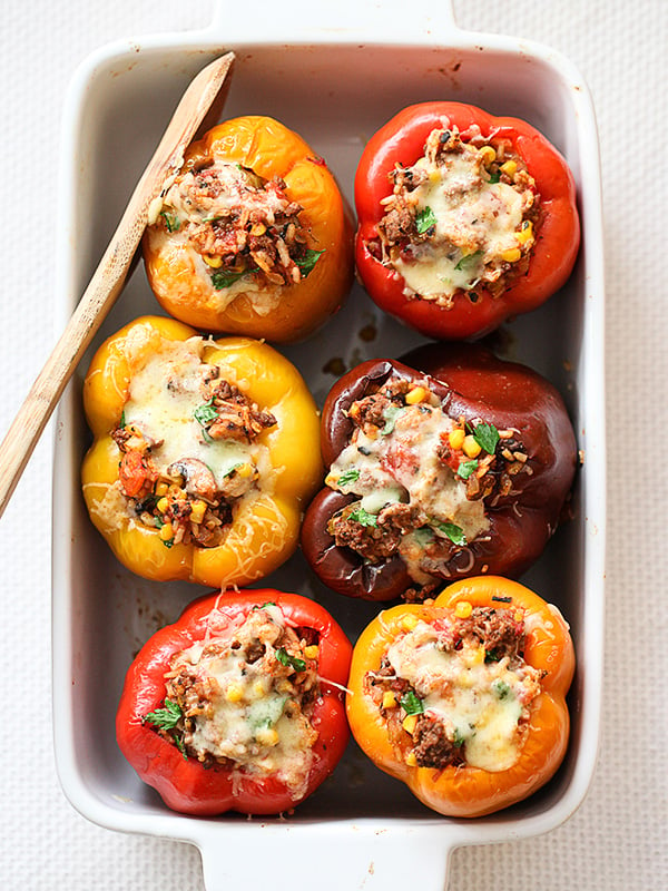 Ground Beef Stuffed Bell Peppers Recipe on foodiecrush.com #beef #healthy #stuffed #peppers #healthy #dinner #recipes 