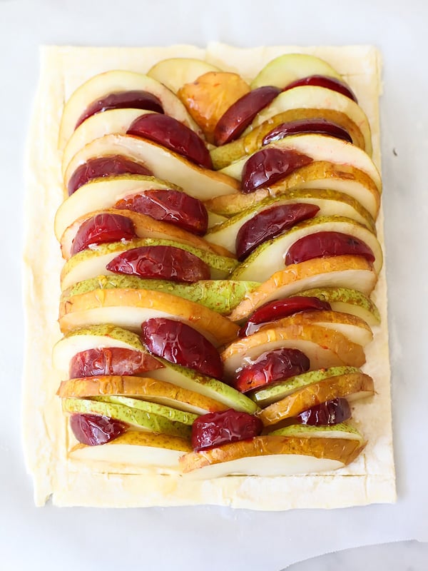 Baked Pear and Plum Phyllo Tart with Blue Cheese on foodiecrush.com