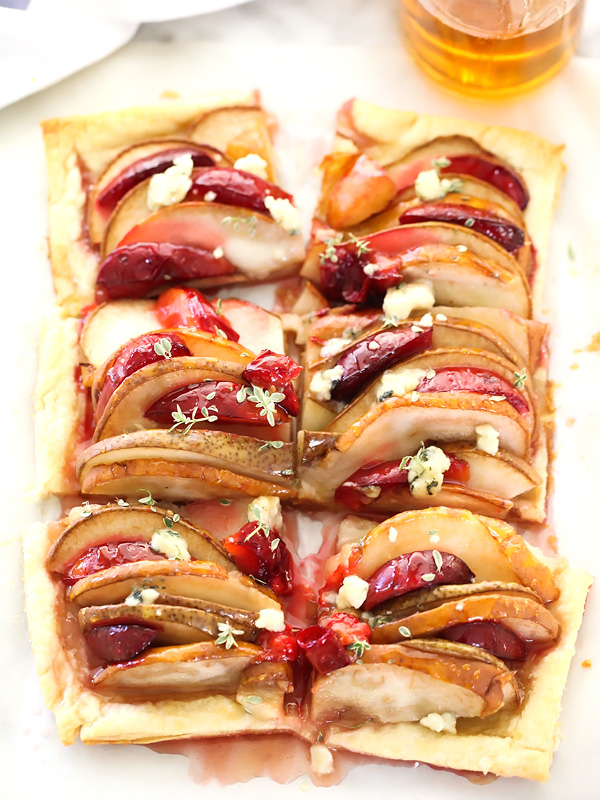 Baked Pear and Plum Phyllo Tart with Blue Cheese on foodiecrush.com