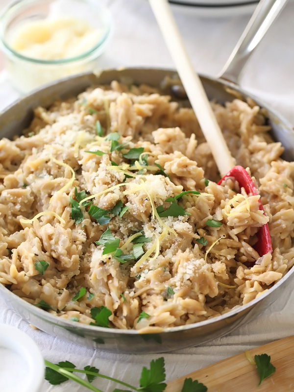 Easy Lemon Orzo Faux Risotto is less fussy than the traditional version #recipe on foodiecrush.com