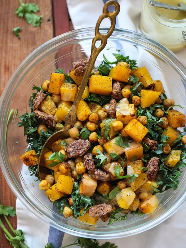 Kale Salad with Butternut Squash, Chickpeas, and Tahini Dressing on foodiecrush.com
