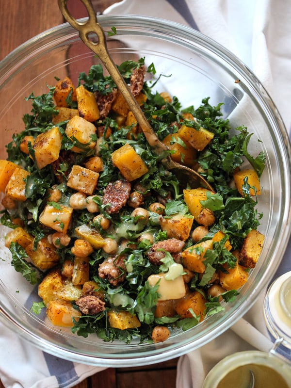 Kale Salad with Butternut Squash, Chickpeas and Tahini Dressing on foodiecrush.com