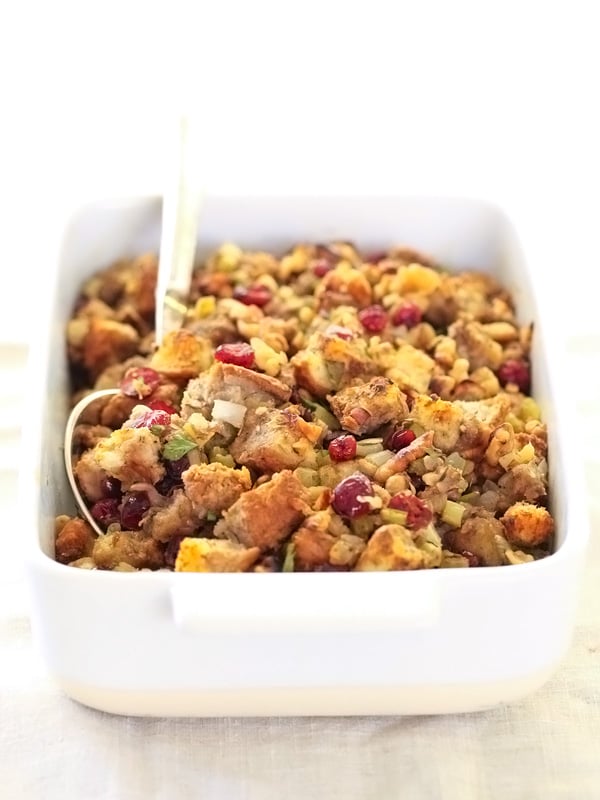 cranberry stuffing in white baking dish