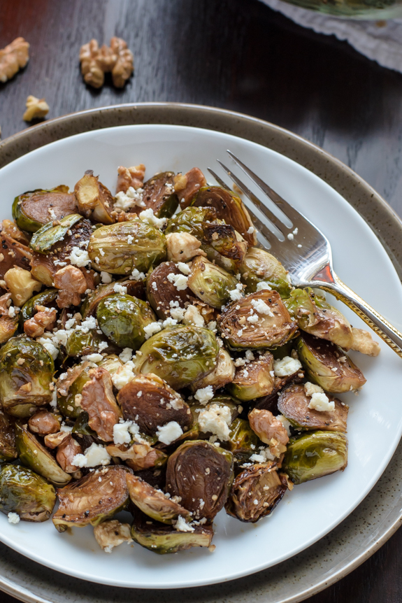Maple Balsamic Brussel Sprouts with Walnuts and Feta