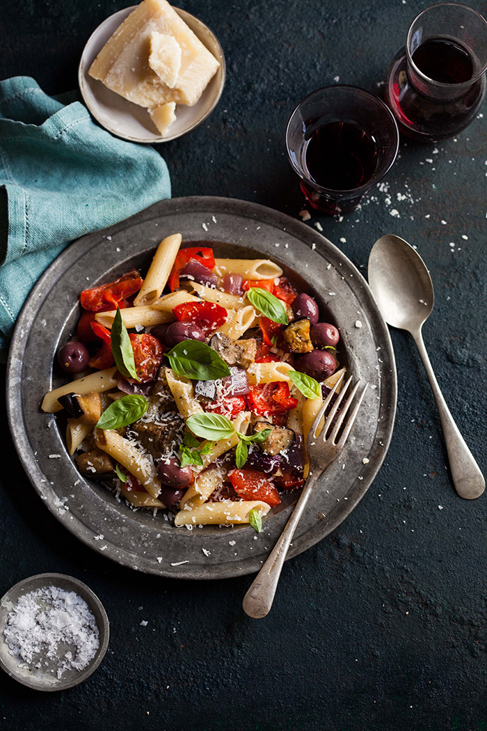 Roasted Tomato and Red Pepper Pasta with Aubergines and Olives