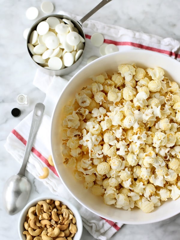 White Chocolate Peppermint Popcorn with Cashews on foodiecrush.com 