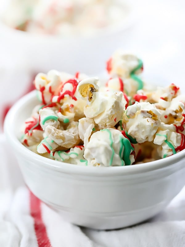 White Chocolate Peppermint Popcorn with Cashews | foodiecrush.com #holidaytreats #christmas #whitechocolate