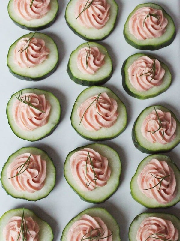 Cucumber Rounds with Salmon Mousse from abeautifulmess.com on foodiecrush.com