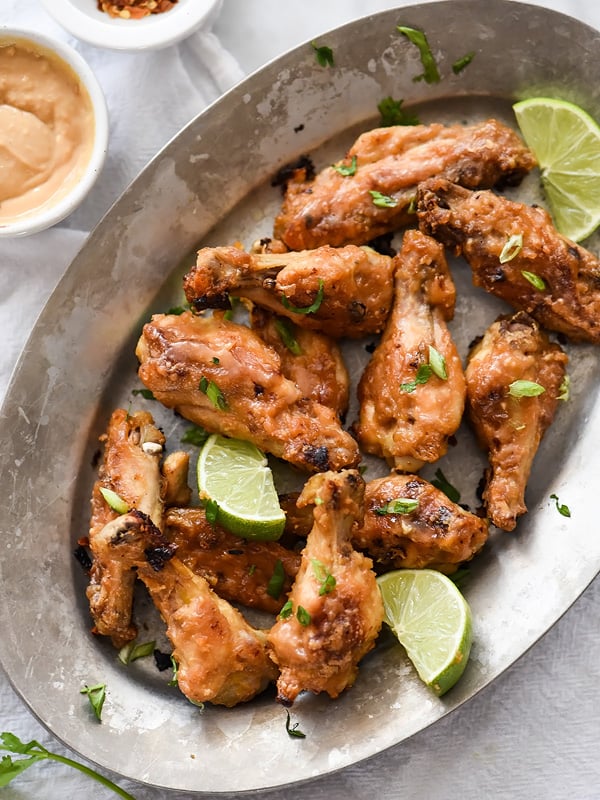Baked Chicken Wings with Thai Peanut Sauce | foodiecrush.com #oven #crispy #easy