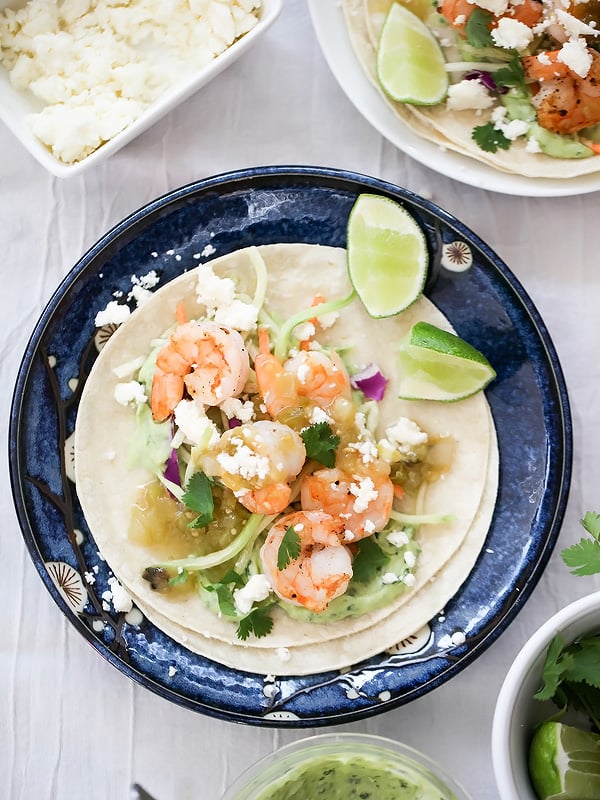 Shrimp Tacos with Garlic Avocado Crema | foodiecrush.com #easy #healthy #recipe