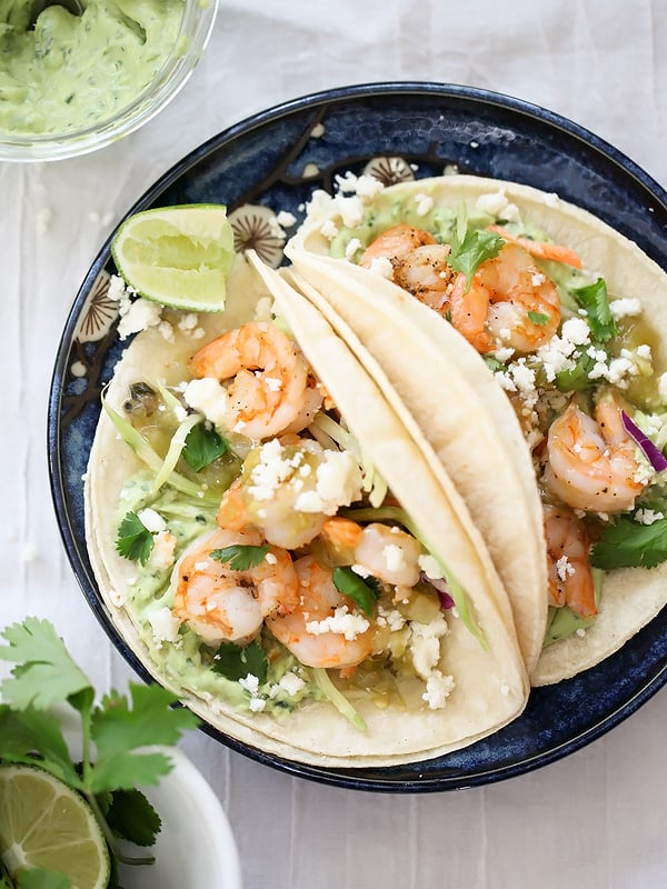 Shrimp Tacos with Garlic Avocado Crema | foodiecrush.com #easy #healthy #recipe