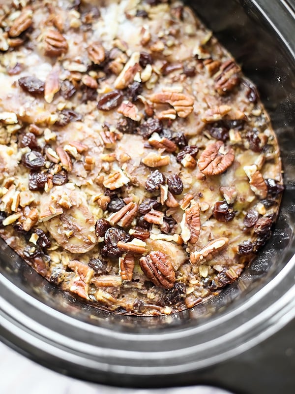 Slow Cooker Baked Oatmeal with Bananas and Nuts on foodiecrush.com