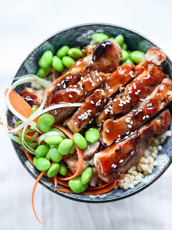 teriyaki chicken bowl with edamame