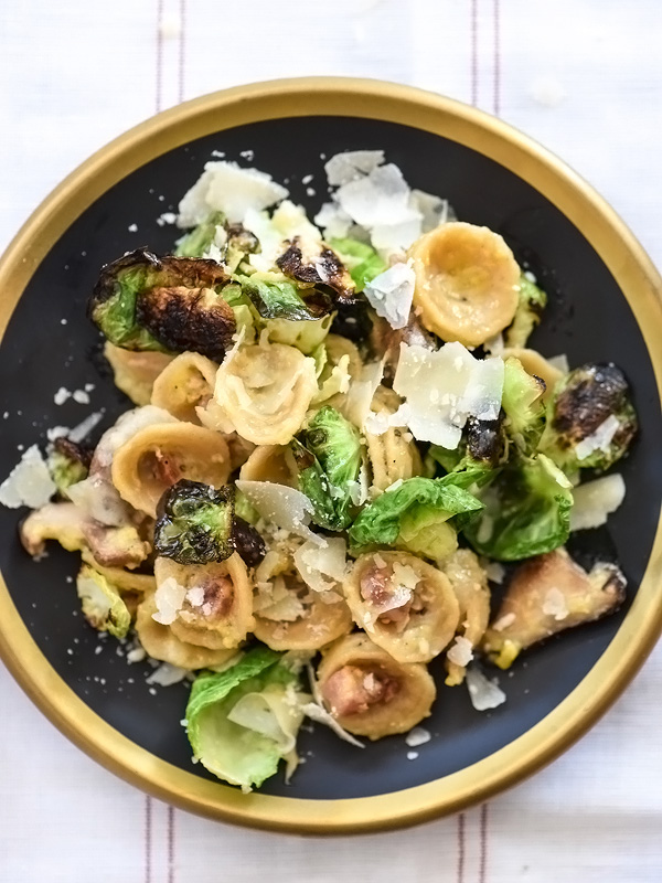 Carbonara Pasta With Charred Brussels Sprouts | foodiecrush.com #creamy #easy #recipe