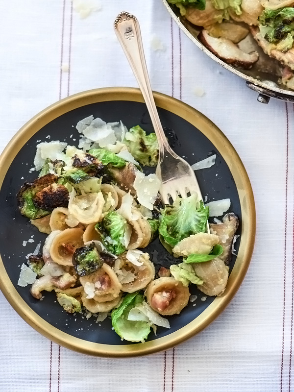 Carbonara Pasta With Charred Brussels Sprouts | foodiecrush.com #creamy #easy #recipe