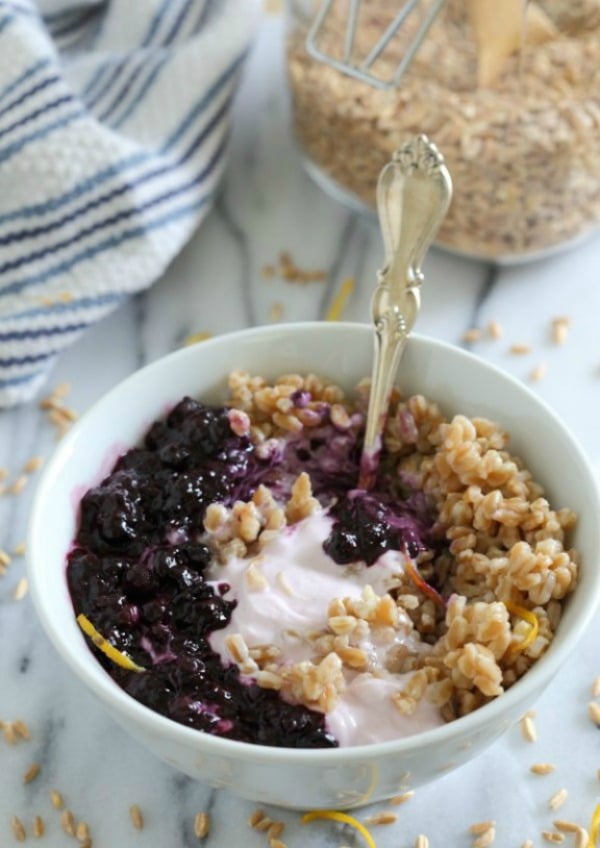 Blueberry Farro Yogurt Bowl from runningtothekitchen.com on foodiecrush.com