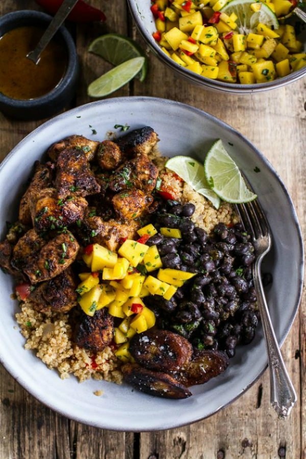 Cuban Chicken and Black Bean Quinoa Bowls with Fried Chili Spiced Bananas from halfbakedharvest.com on foodiecrush.com