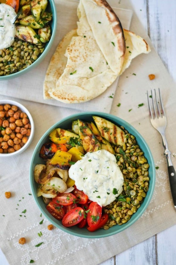 Middle Eastern Grilled Vegetable & Lentil Bowls with Falafel-Spiced Roasted Chickpeas & Tahini-Yogurt Sauce from applesandsparkle.com on foodiecrush.com