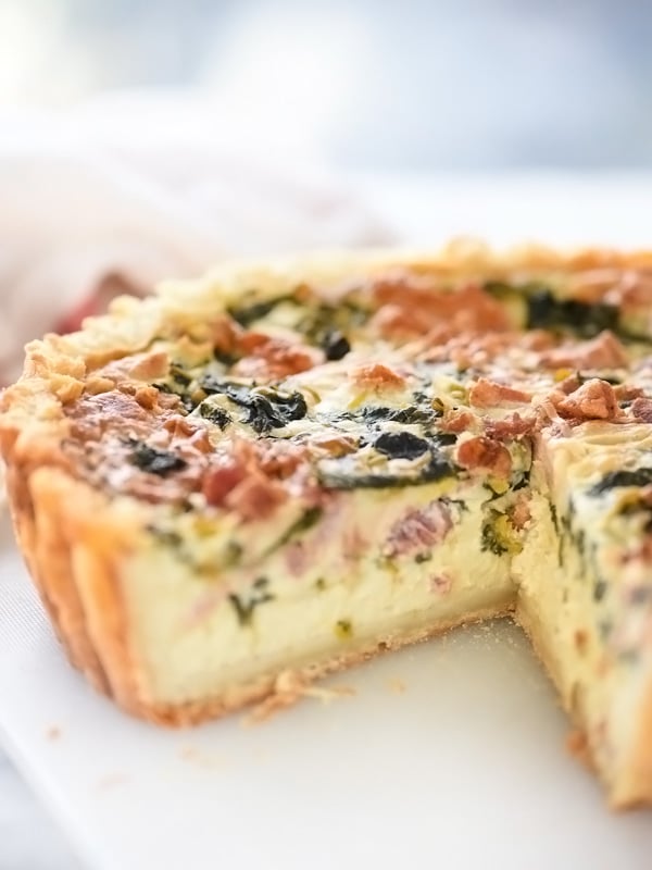 Deep-Dish Spinach, Leek and Bacon Quiche | foodiecrush.com #recipes #spinach #crusts #eggs