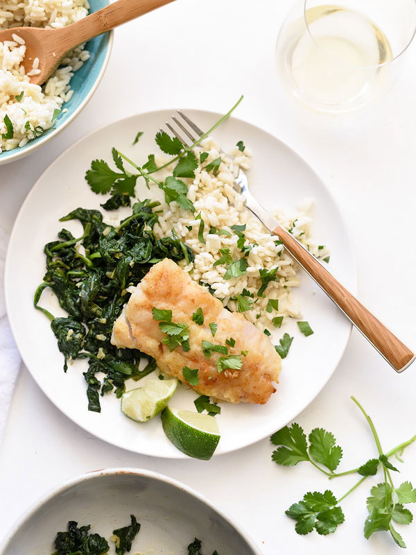 Almond-Crusted Cod with Coconut Rice and Ginger Spinach | foodiecrush.com #recipes #healthy #fish